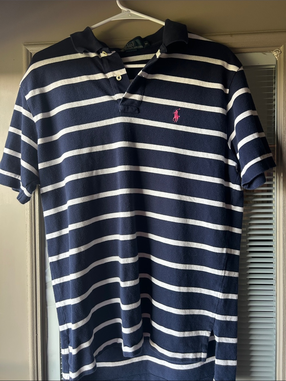Polo by Ralph Lauren Navy and White Striped Polo with Pink Pony